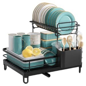 2-Tier Counter Organizers Metal PC Storage for Dishes Bowls Black Stainless Steel Dish Drying Rack