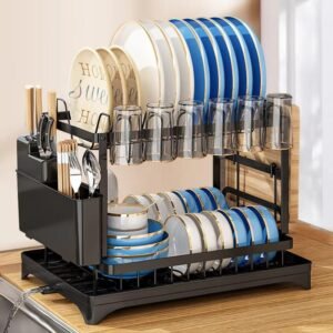 Modern Dish Rack Space-Saving 2-tier Dish Drainer Organizer Drainboard Set Folding Drying Rack Drainer